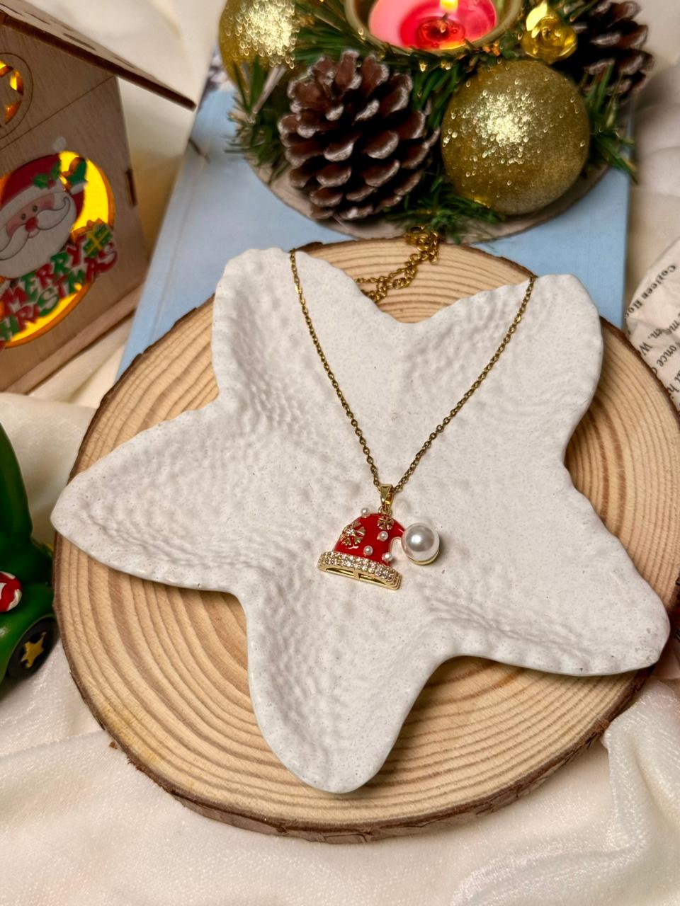 Festive Santa Hat Pendant Necklace With Peal