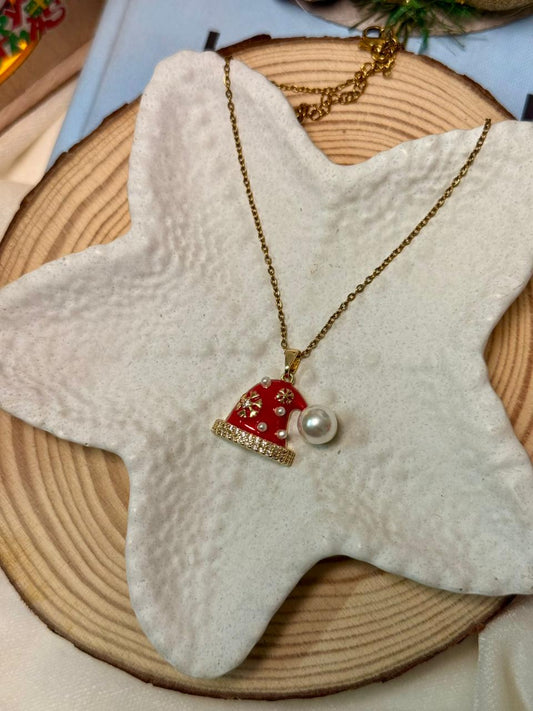 Festive Santa Hat Pendant Necklace With Peal