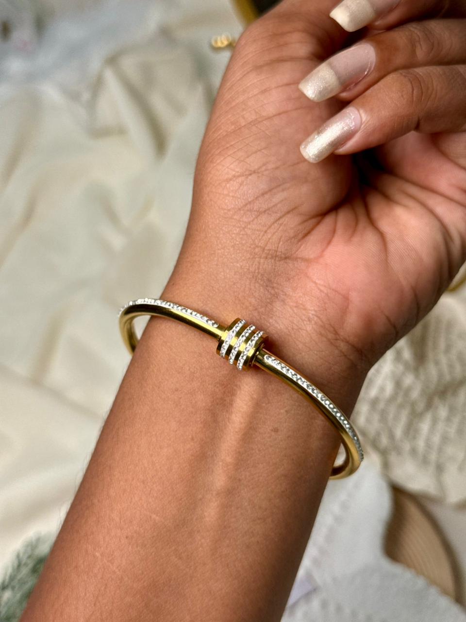 Crystal Screw Bangle Bracelet - White