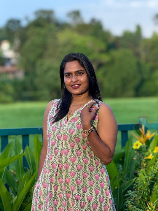 Pink Lotus in Hand block Print - Green