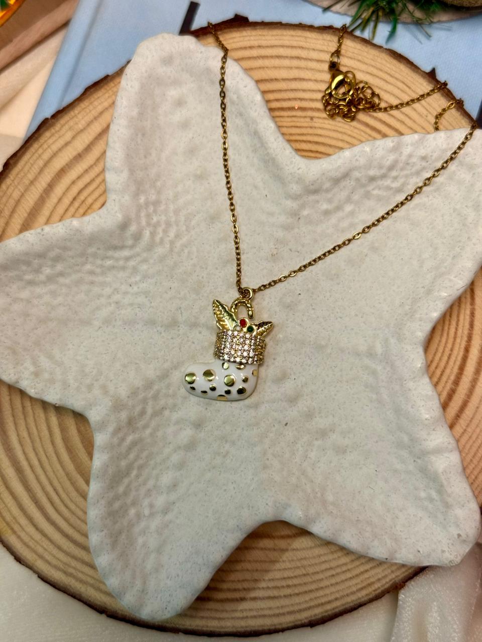 Golden Christmas Stocking Pendant Necklace