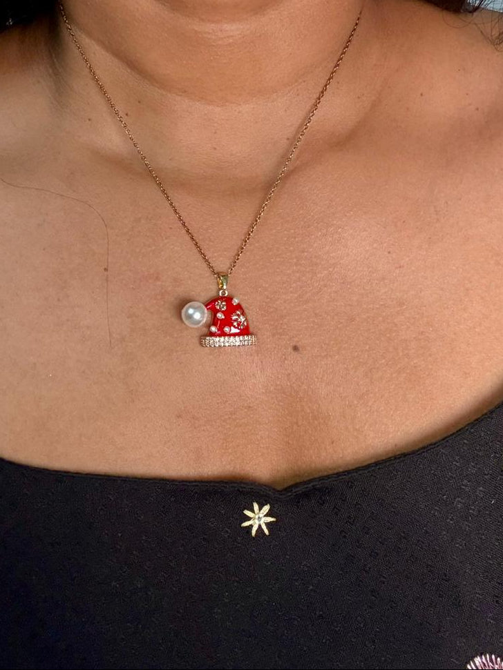 Festive Santa Hat Pendant Necklace With Peal