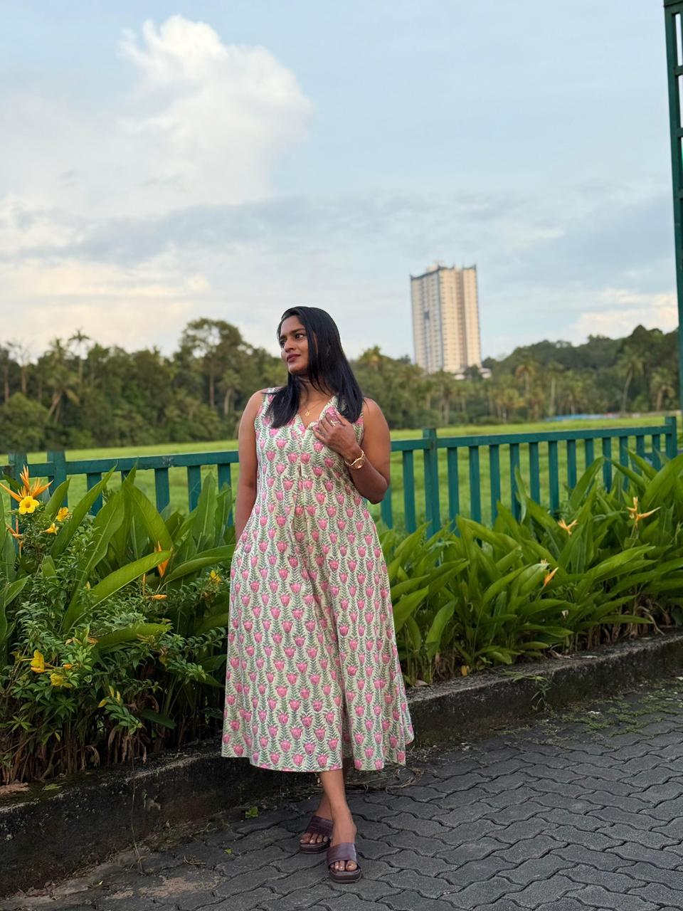 Pink Lotus in Hand block Print - Green