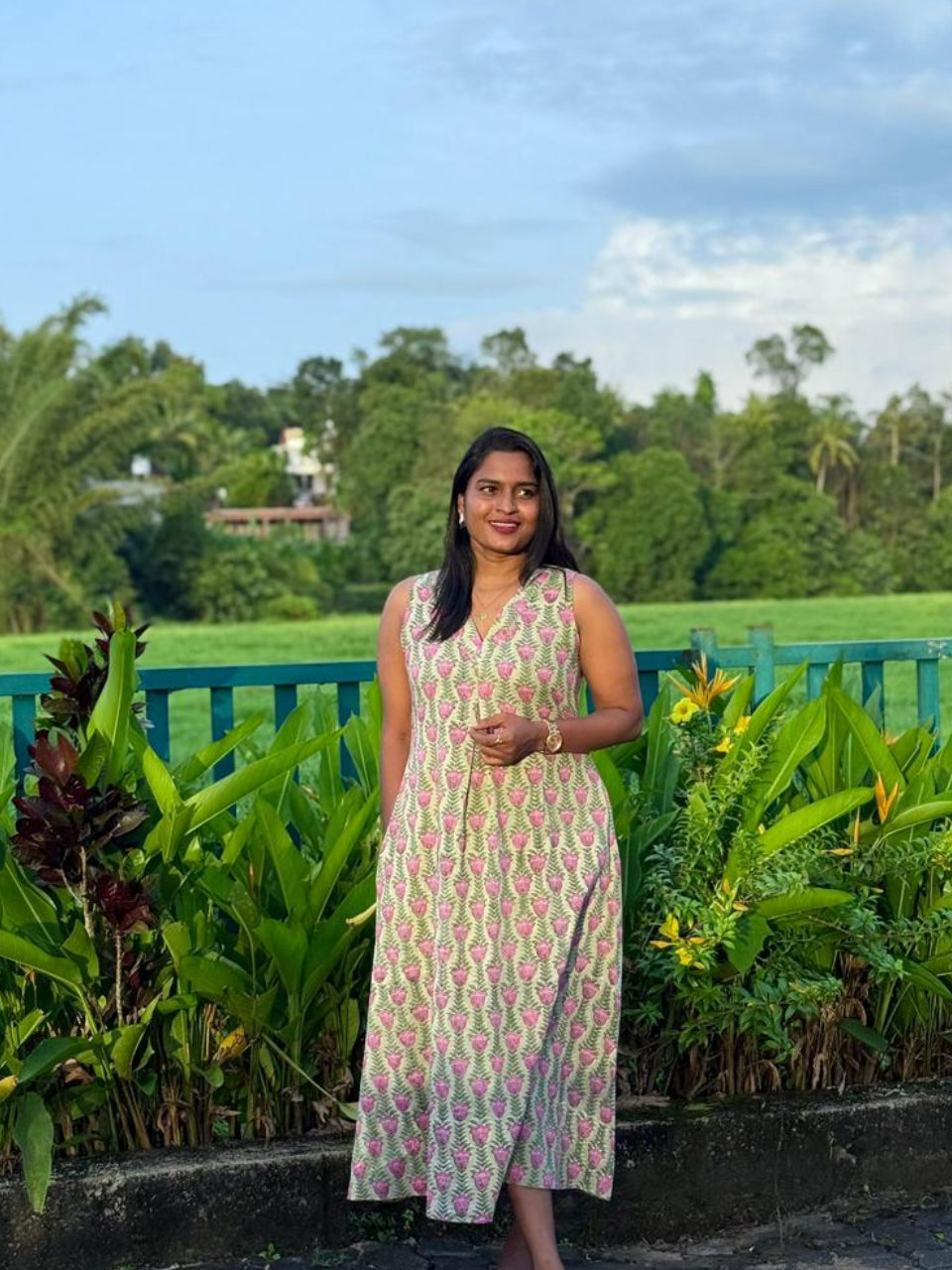 Pink Lotus in Hand block Print - Green