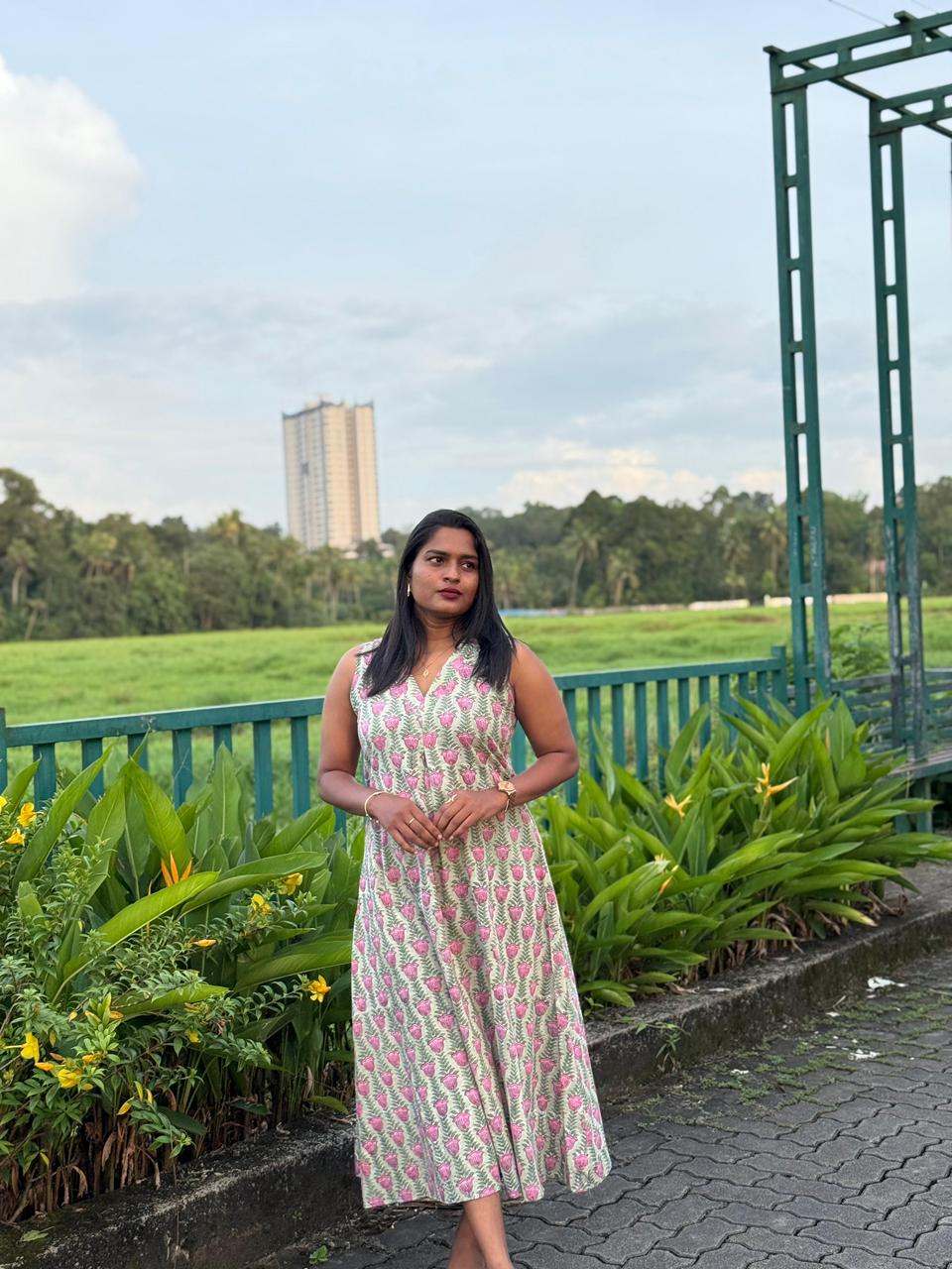 Pink Lotus in Hand block Print - Green